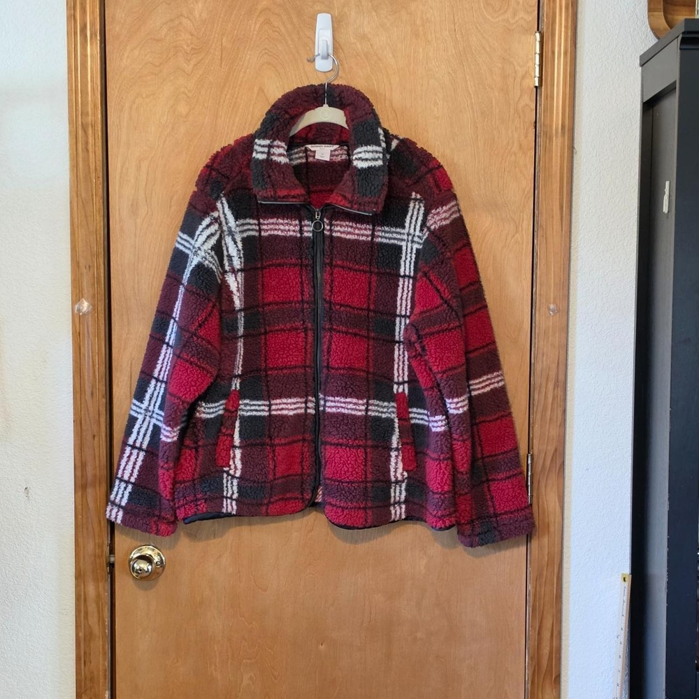 Allison Daley Plus Size Red Black White Plaid Fleece Full Zip Jacket 1X